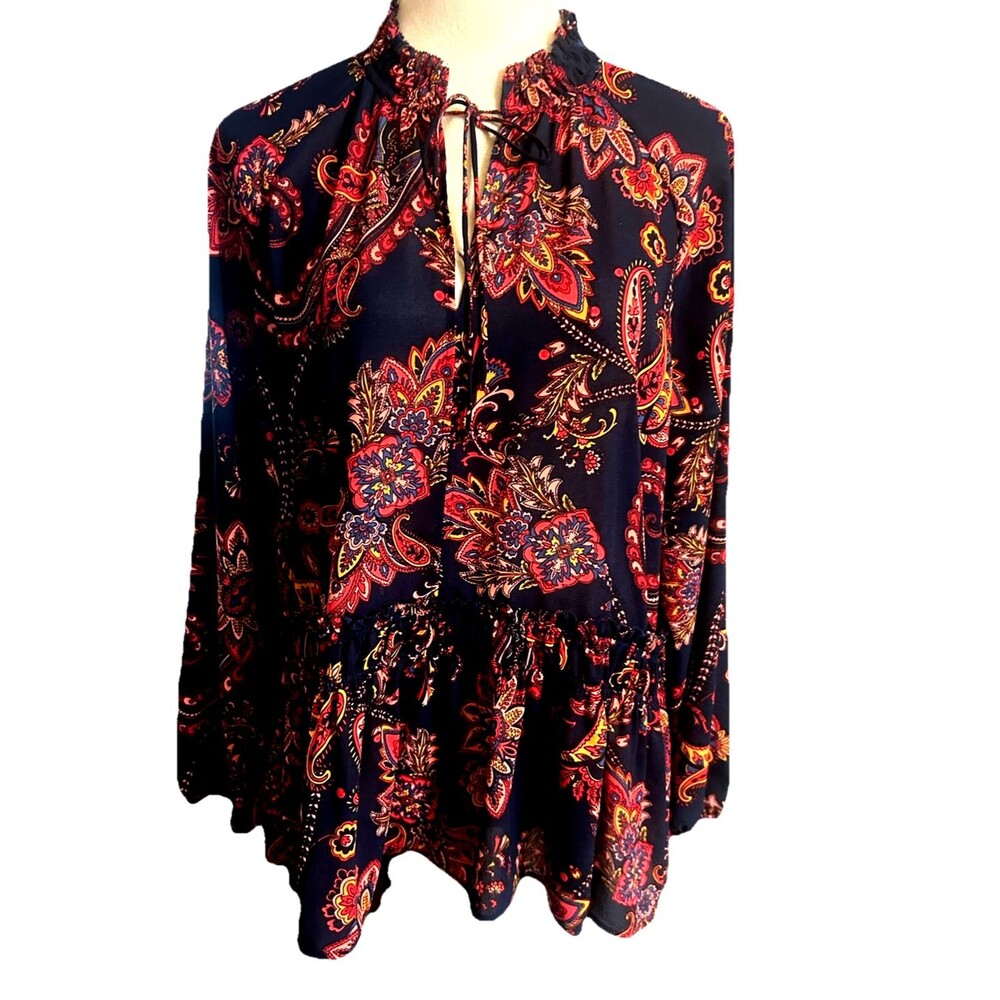 LOFT Womens Sz L Navy Red Paisley Peasant Open Tie Blouse Top Ruffle Collar